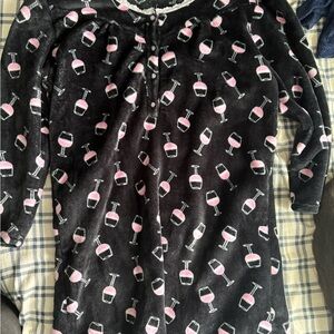 Women's Black Plush Nightgown with Pink Wine Glass Print